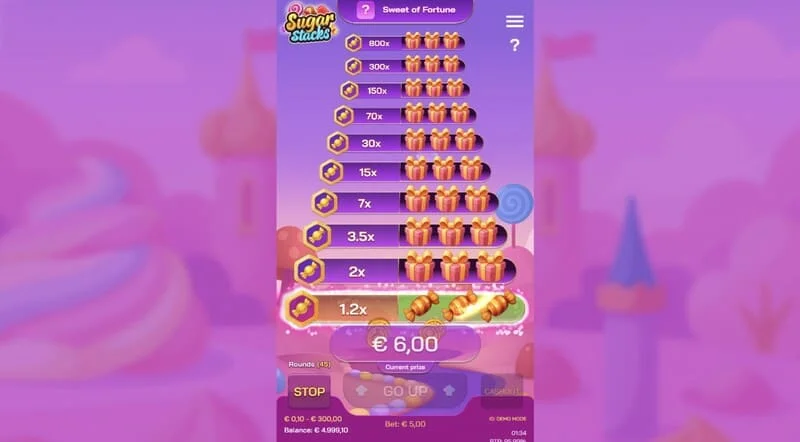 Sugar Stacks – laimėjimo žingsnis su dabartinio aukšto apšvietimu ir daugiklio skaitikliu